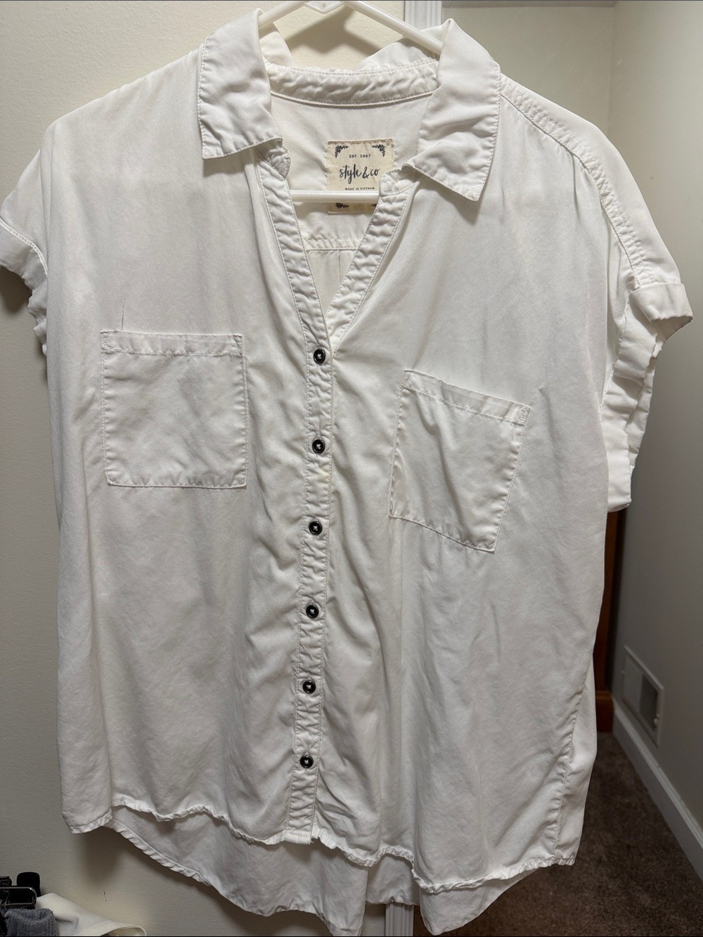 Style & Co. White Short-Sleeve Button-Front Casual Shirt